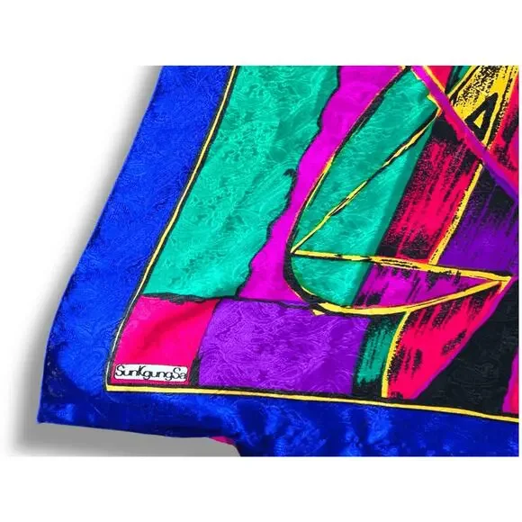 Vintage 90s Abstract Printed Silk Scarf Bold Colorful Artsy Square Wrap Purple - Picture 5 of 8